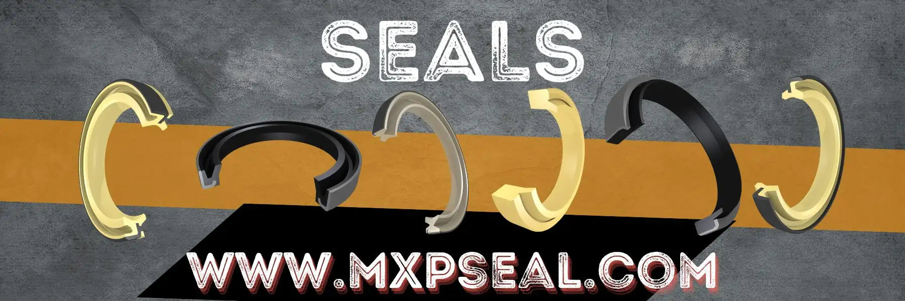 Black and gold metallic c-shaped mechanical seals displayed against a textured gray background with an orange stripe.